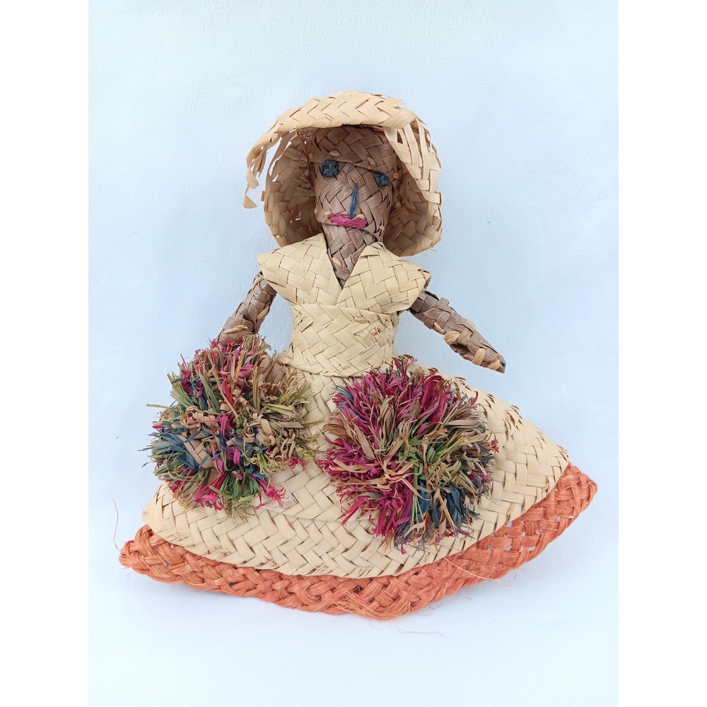 Hand Woven Straw Doll Figurine Folk Art Dress‎ Hat Unique Accent Piece